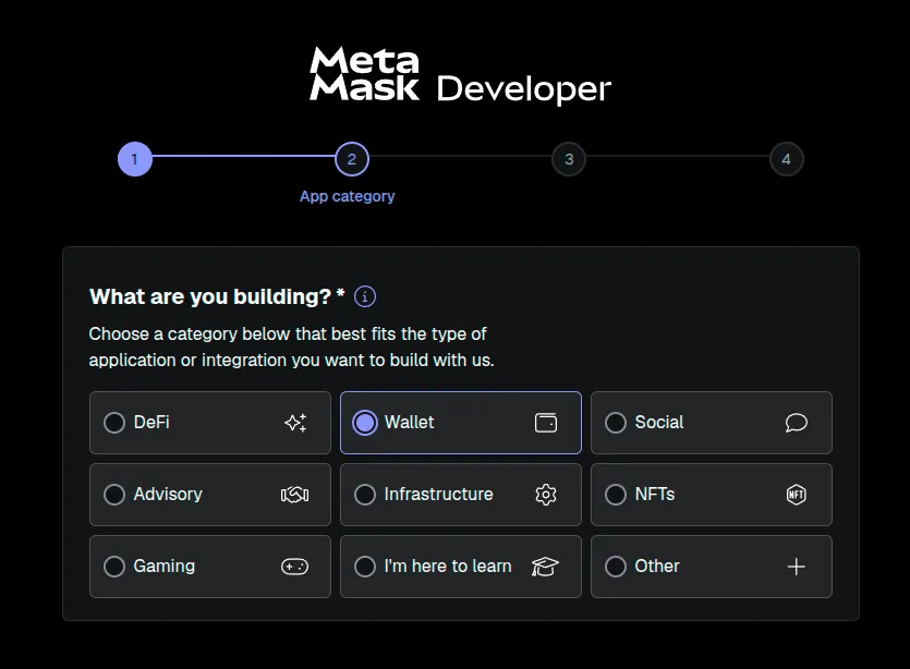 Infura onboarding screen asking what you are building.
