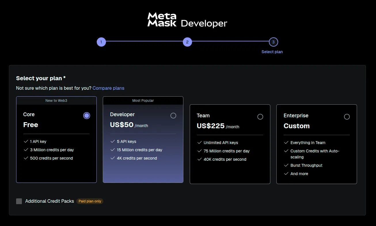 Infura plan selection screen showing free plan option.