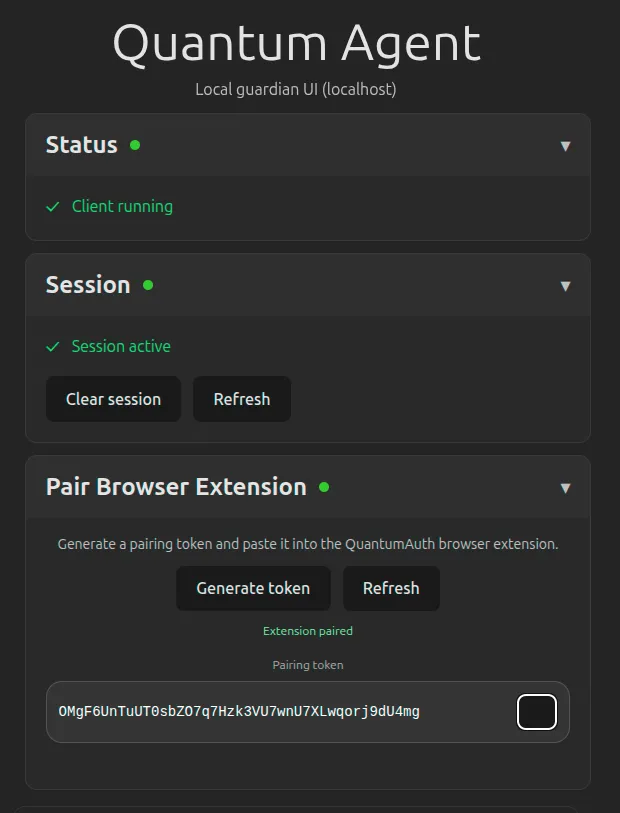 QuantumAuth browser UI showing a pairing key and a copy button.